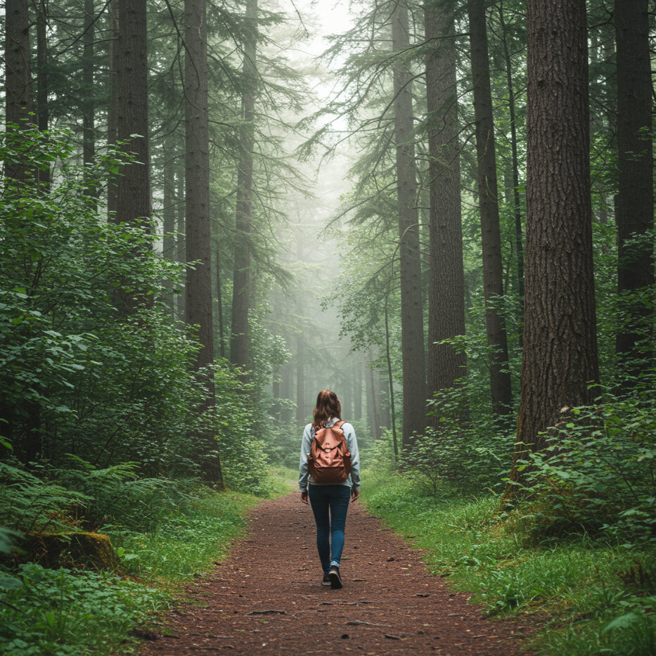 Woman walking through forest